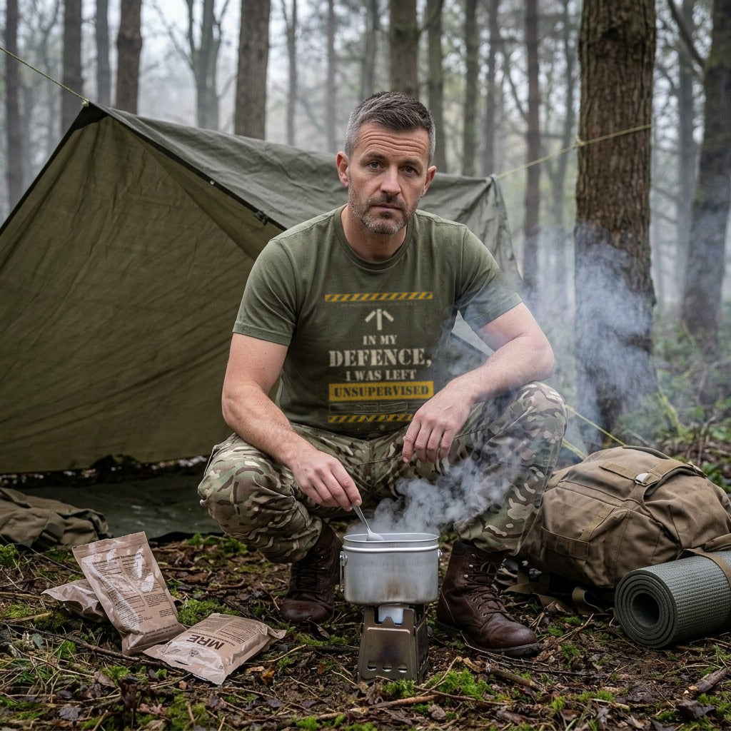 Man in Military Green "In My Defence, I Was Left Unsupervised" T-shirt crouched over a smoking mess tin at a woodland basha