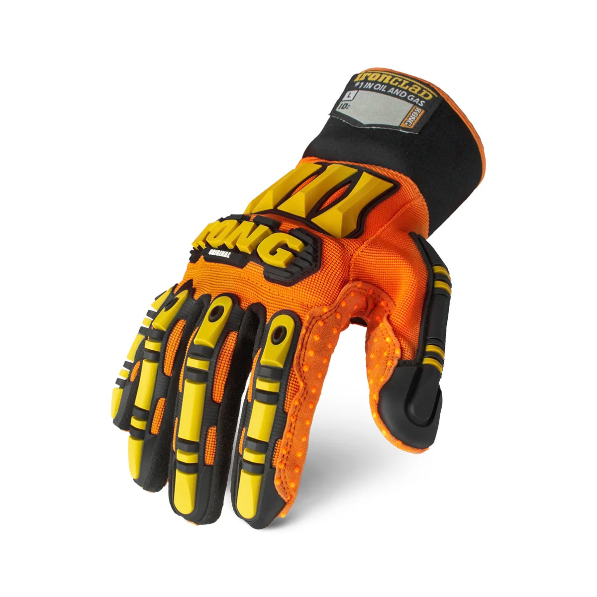 Ironclad KONG Original gloves in hi-viz orange, back of hand with yellow and black TPR impact armour and cuff ID tag