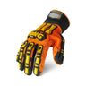 Ironclad KONG Original gloves in hi-viz orange, back of hand with yellow and black TPR impact armour and cuff ID tag