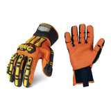 Ironclad KONG Original gloves back and palm side by side, hi-viz orange with yellow TPR armour and dotted synthetic leather palm