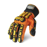 Ironclad KONG Original gloves in hi-viz orange, back of hand with yellow and black TPR impact armour and cuff ID tag