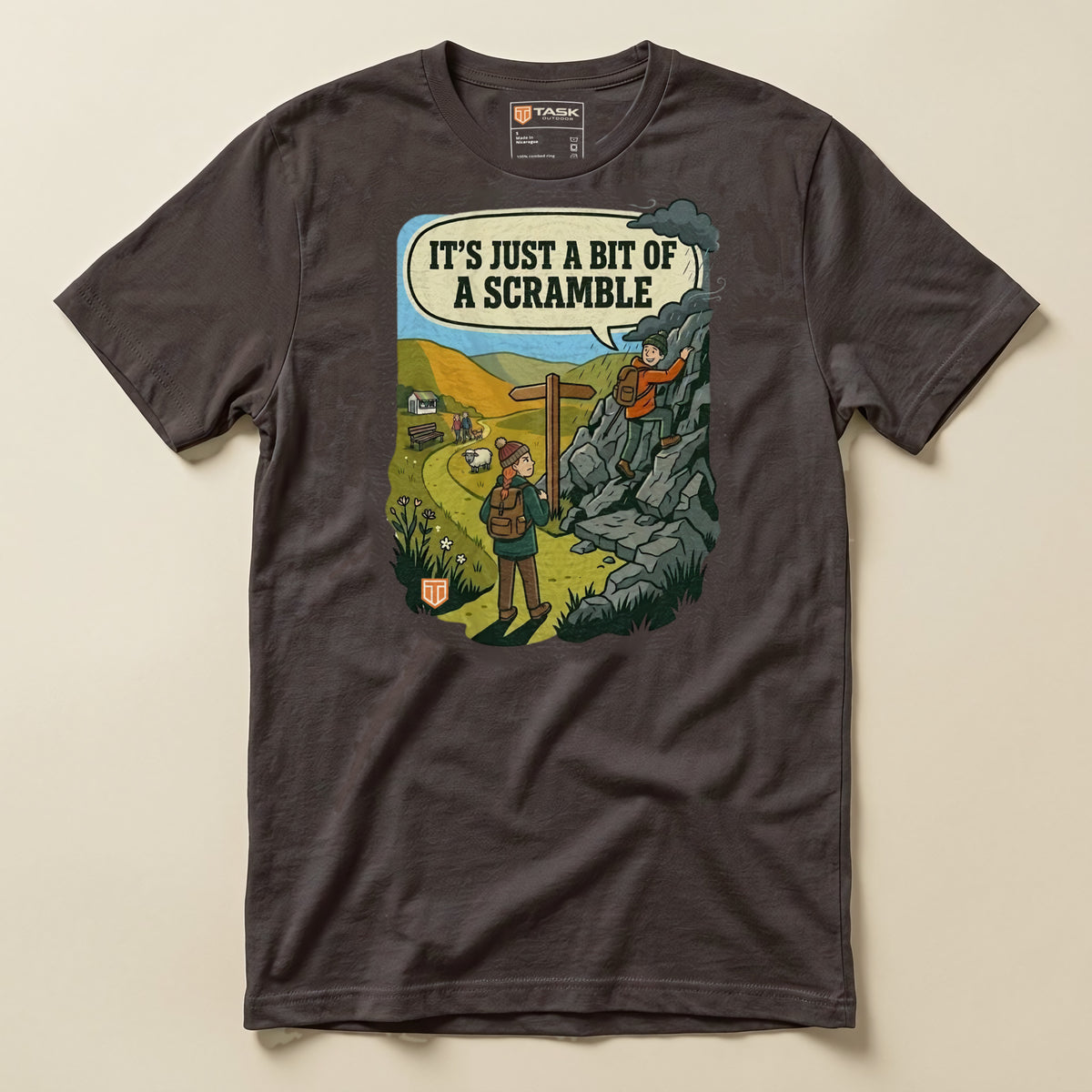 It's Just a Bit of a Scramble T-Shirt in Brown, laid flat, front view