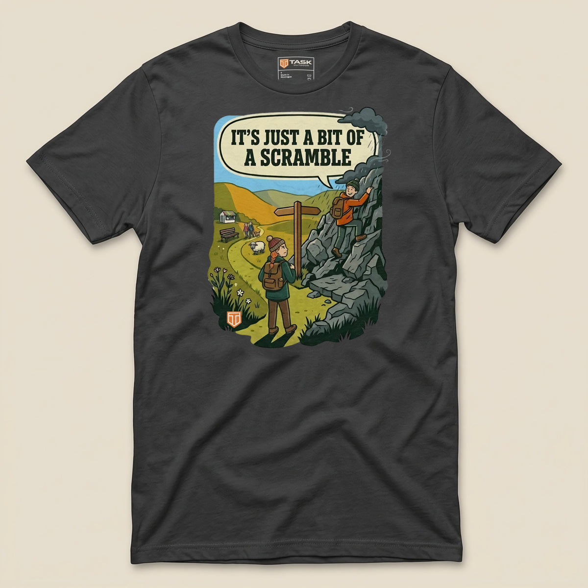 It's Just a Bit of a Scramble T-Shirt in Dark Grey, laid flat, front view