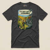 It's Just a Bit of a Scramble T-Shirt in Dark Grey, laid flat, front view