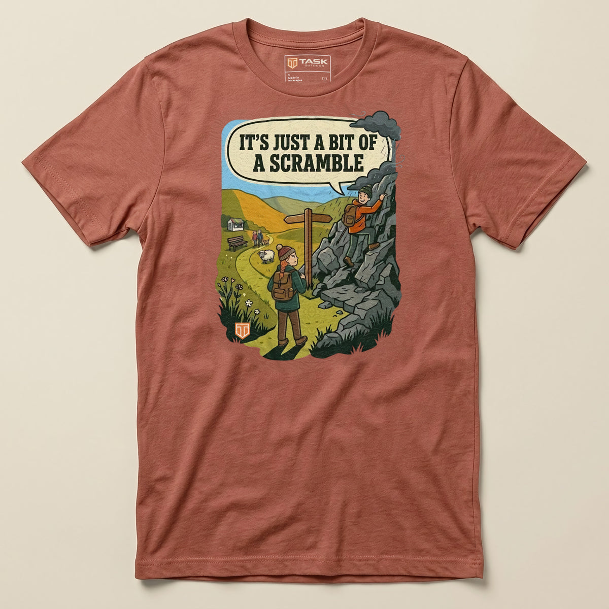 It's Just a Bit of a Scramble T-Shirt in Heather Clay, laid flat, front view