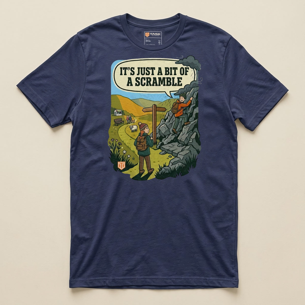 It's Just a Bit of a Scramble T-Shirt in Navy, laid flat, front view