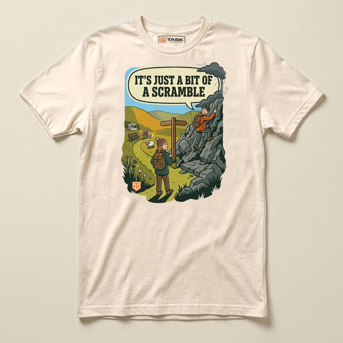 It's Just a Bit of a Scramble T-Shirt in Soft Cream, laid flat, front view