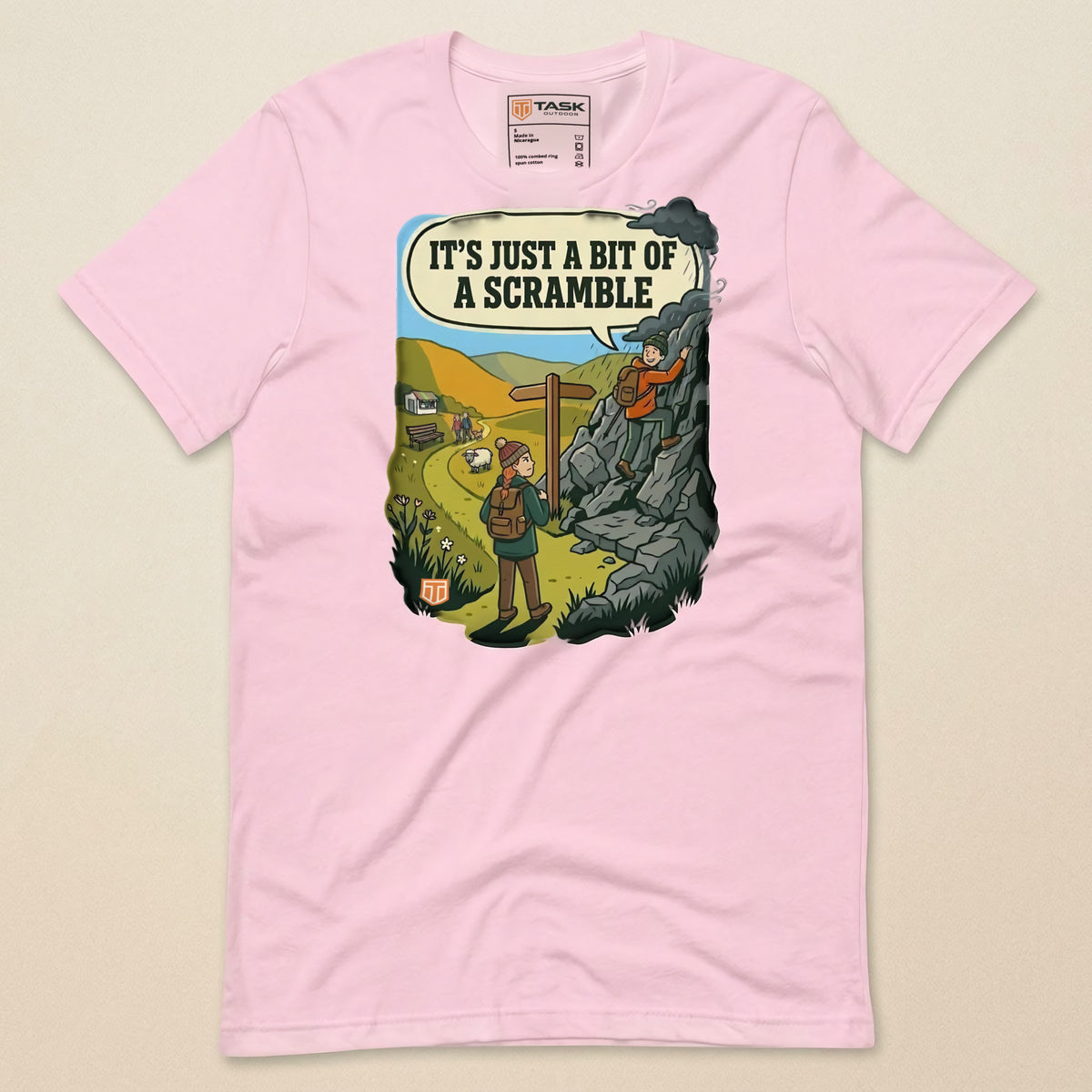 It's Just a Bit of a Scramble T-Shirt in Soft Pink, laid flat, front view