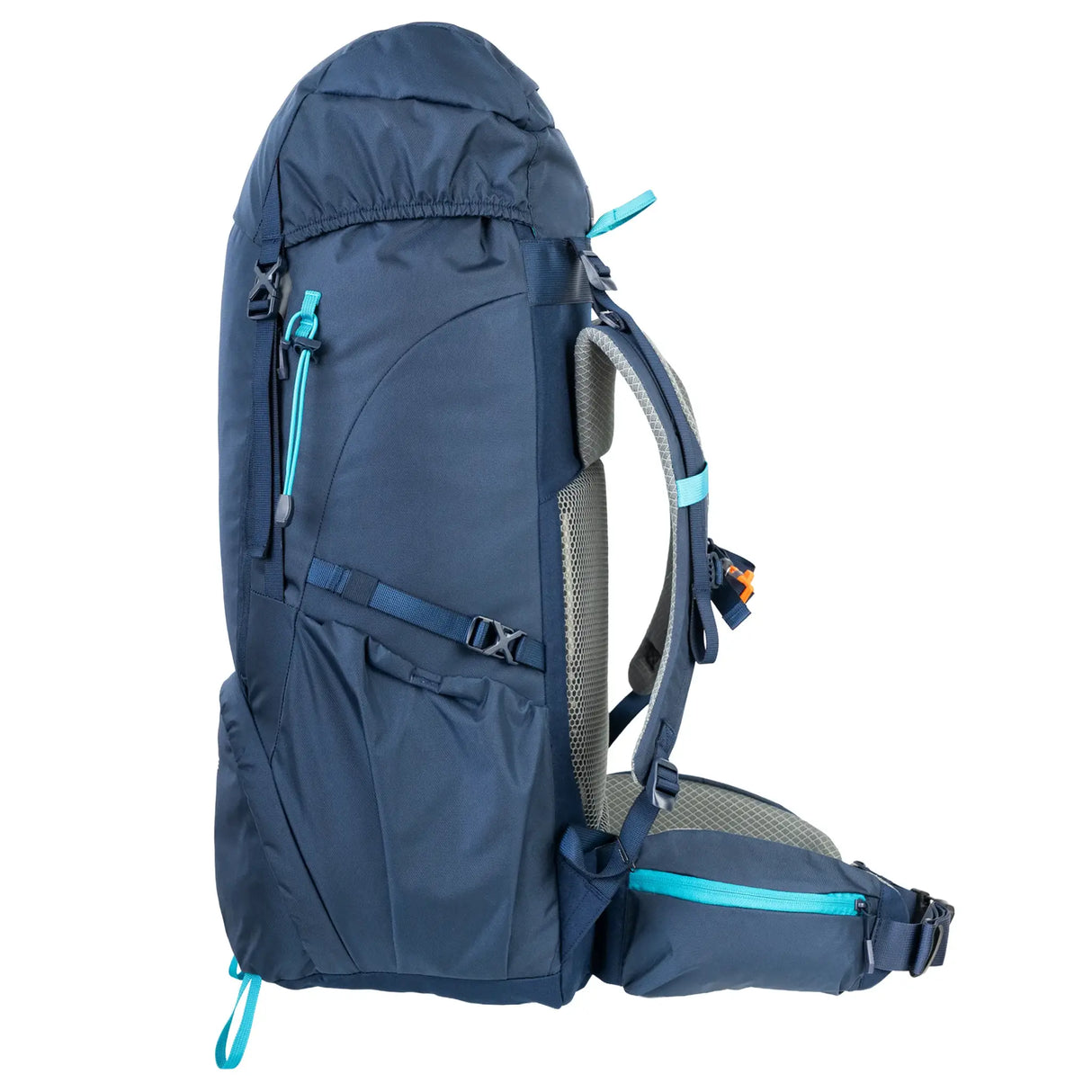Highlander Ivar Women's Rucksack 50L - Navy Blue side profile with bottle pocket and hip fin