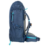 Highlander Ivar Women's Rucksack 50L - Navy Blue side profile with bottle pocket and hip fin