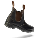 Brown Mongrel K9 dealer boot at a three-quarter angle, showing the Made in Australia pull tabs and stitched toe