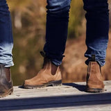 Mongrel K9 Dealer Boot - Vintage Brown worn outdoors on a boardwalk