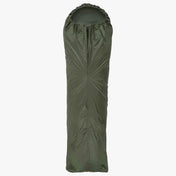 Highlander Kestrel Rip-Stop Bivvy Bag - full olive green sleeping bag cover standing upright showing elasticated drawcord hood opening on white background