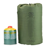 Highlander Self-Inflating Kip Sleeping Mat 50mm in olive green stuff sack size comparison
