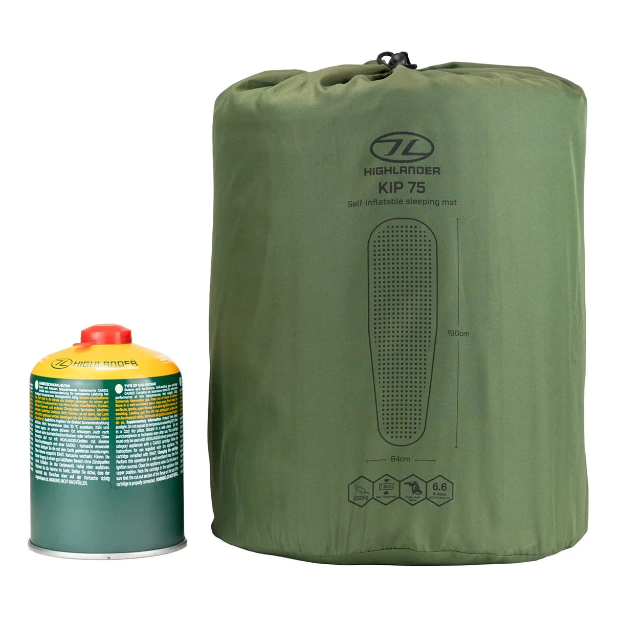 Highlander Kit Self-Inflating Sleeping Bag Mat 75mm in olive green stuff sack size comparison