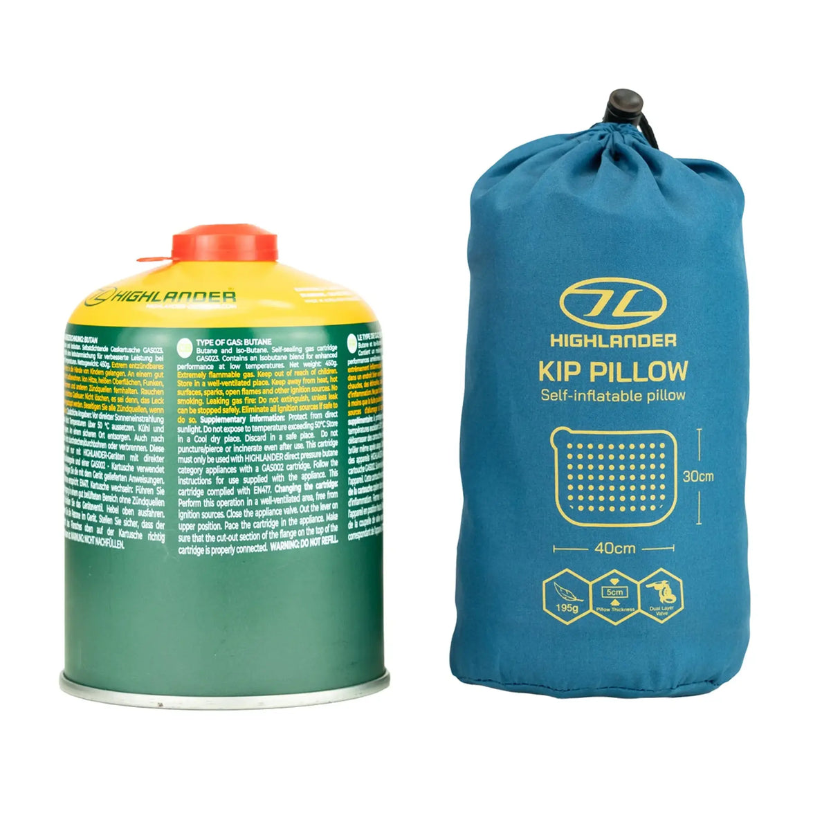 Highlander Kip Self-Inflating Camping Pillow in Deep Blue stuff sack size comparison