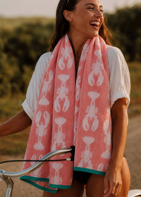 Anorak Lobsters Pink Organic Cotton Towel - Soft pink and white colourway front