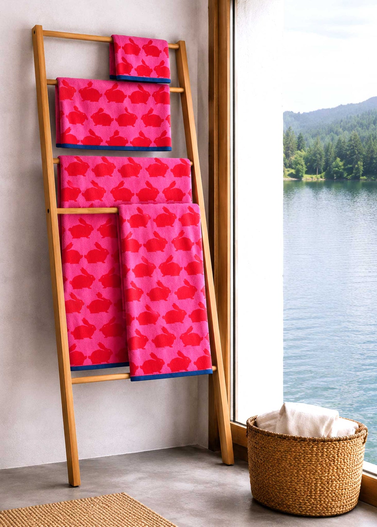 Anorak Kissing Rabbits Organic Cotton Towel - Hot pink and soft pink colourway front