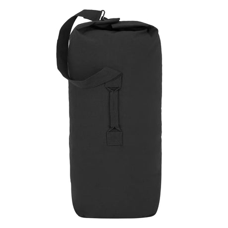 Highlander Heavyweight Canvas Kit Bag 12" - black canvas duffel, side view, with the webbing carry strap tacked to the body