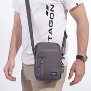 Pentagon Kleos Messenger Bag in Wolf Grey worn cross-body, showing its compact size