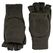 Jack Pyke Knit Shooters Mitts in dark olive, both hoods pulled over as full mittens with the half-fingers below