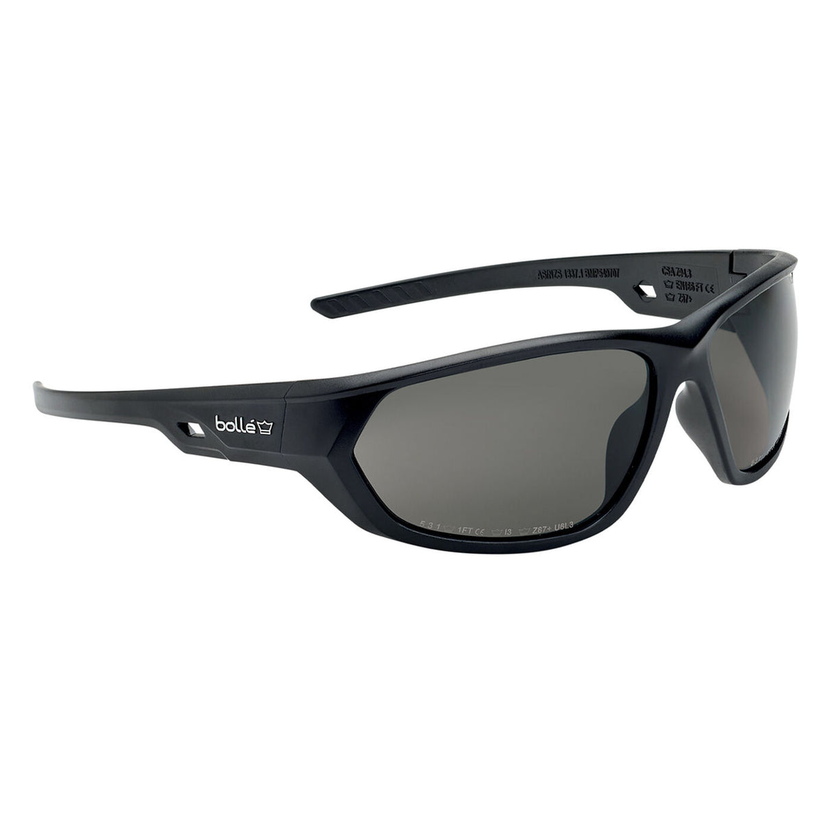 Bolle Komet safety sunglasses with plain smoke lens and black wraparound frame, angled view from the front left