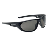 Bolle Komet safety sunglasses with plain smoke lens and black wraparound frame, angled view from the front left