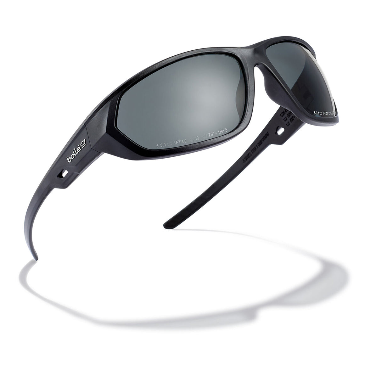Bolle Komet smoke safety sunglasses seen from above with the temples open