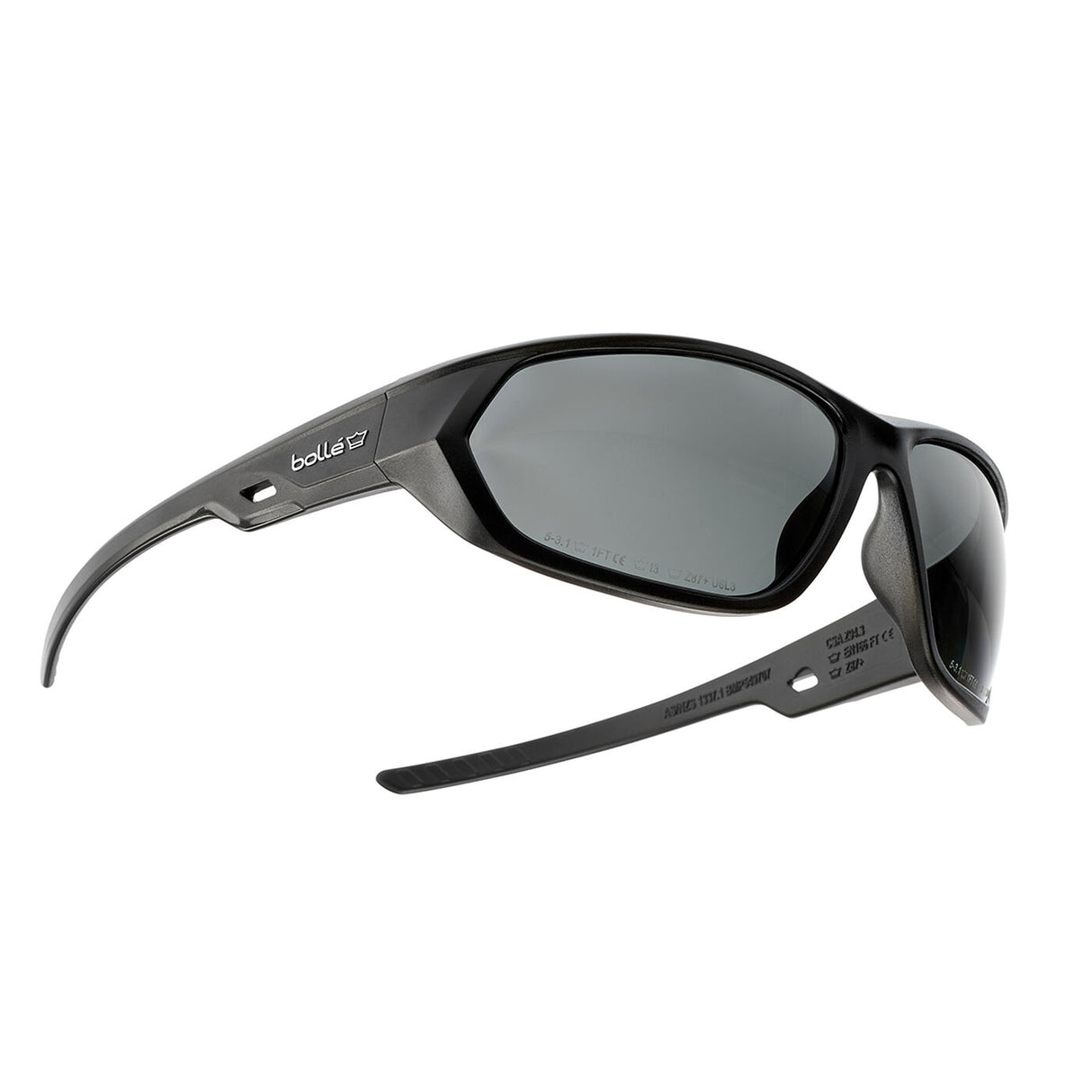 Bolle Komet smoke sunglasses from the front right with both temples open, lens and frame certification markings visible