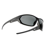 Bolle Komet smoke sunglasses from the front right with both temples open, lens and frame certification markings visible