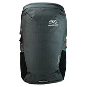 Highlander Kynetik Rucksack 25L in Black - front view with zipped front pocket and orange bungee cords