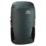 Highlander Kynetik Rucksack 25L in Black - front view with zipped front pocket and orange bungee cords