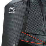 Highlander Kynetik Rucksack 25L in Black - close-up of the Highlander logo, grab handle and side compression cord