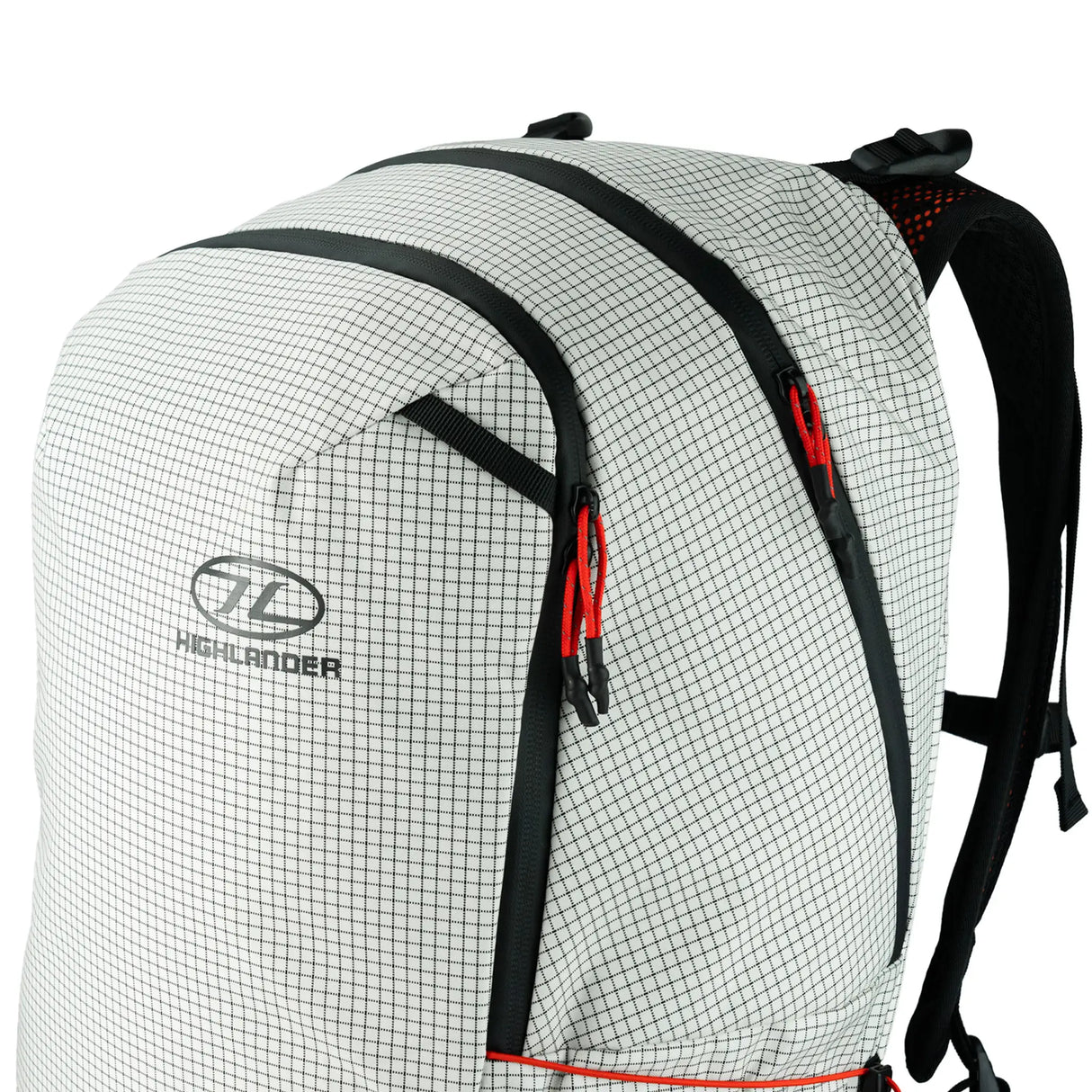 Highlander Kynetik Rucksack 25L in White - front view with twin front zips and orange bungee cords