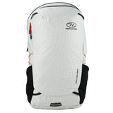 Highlander Kynetik Rucksack 25L in White - front view with twin front zips, side pockets and orange bungee cords
