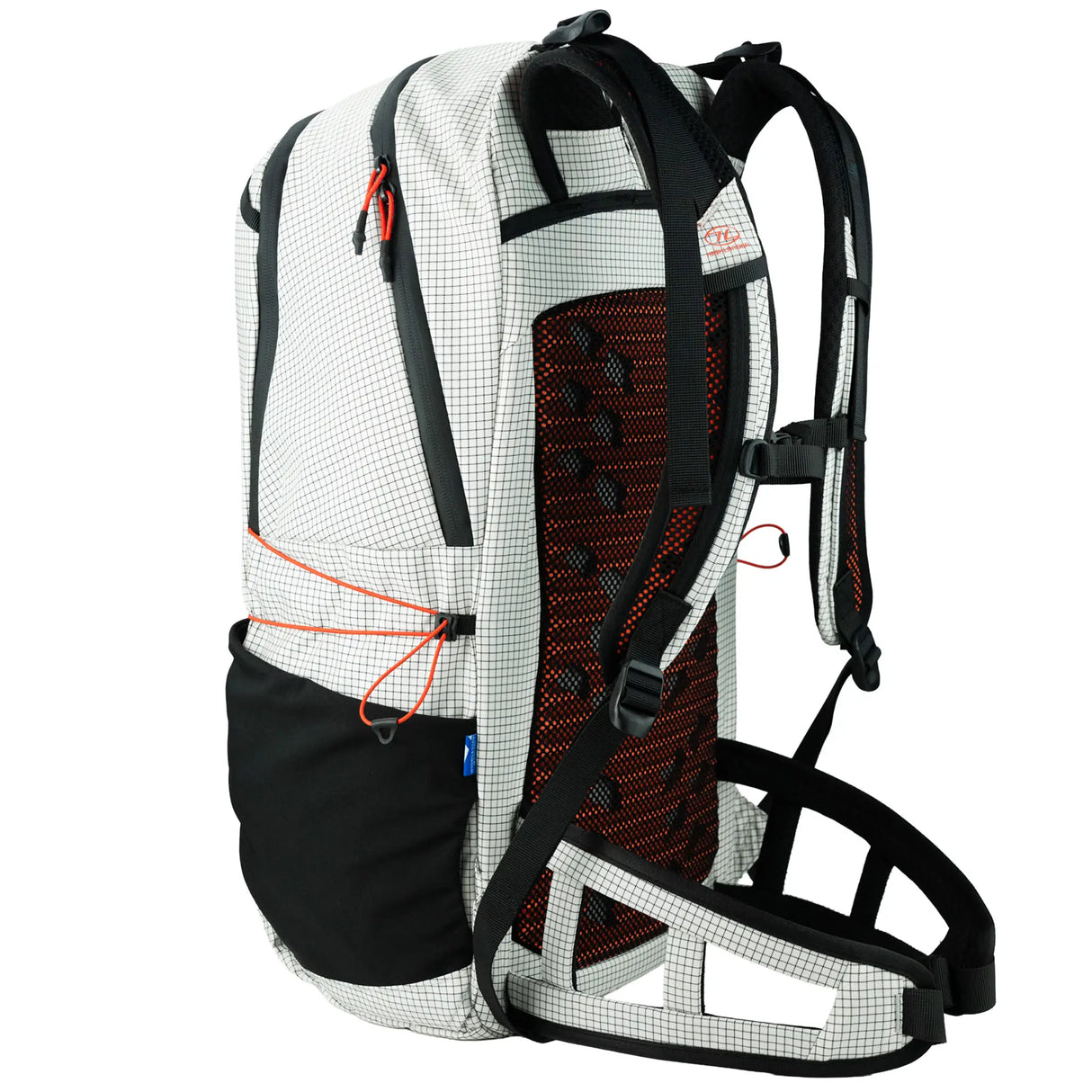 Highlander Kynetik Rucksack 25L in White - angled front view showing the vented back panel and padded straps