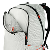 Highlander Kynetik Rucksack 25L in White - lid opened to show the internal mesh zip pocket and grey lining