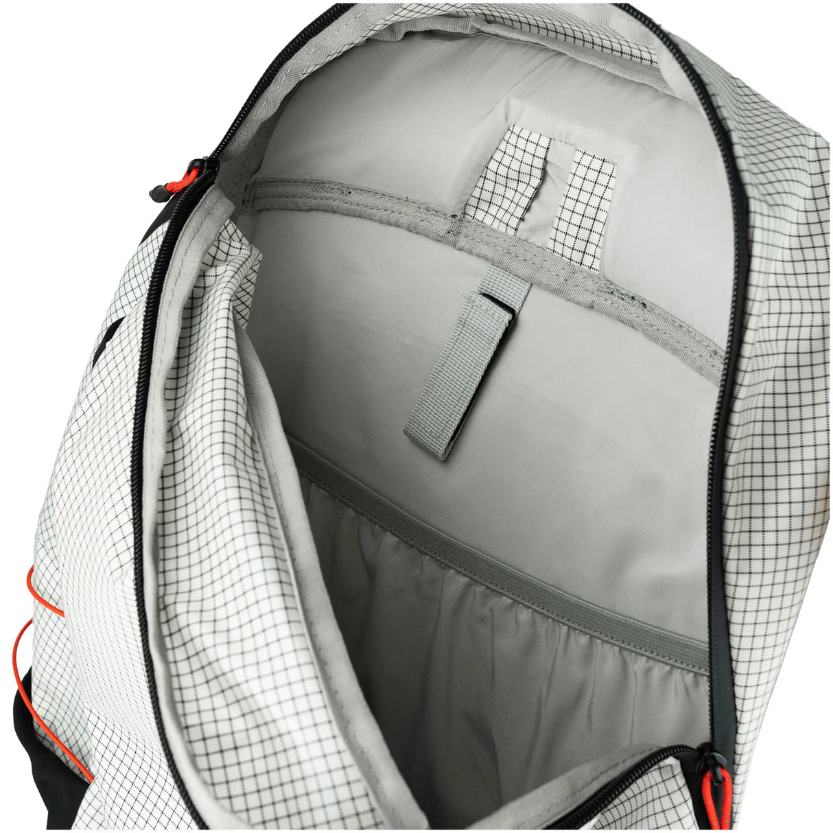 Highlander Kynetik Rucksack 25L in White - main compartment unzipped showing the grey lining and internal sleeve