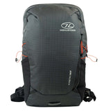 Highlander Kynetik Rucksack 15L in Black - front view with zipped front pocket and orange bungee cords