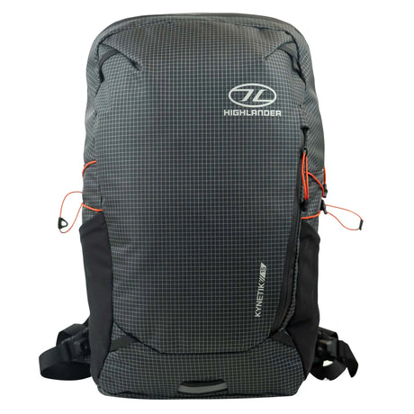 Highlander Kynetik Rucksack 15L in Black - front view with zipped front pocket and orange bungee cords