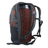 Highlander Kynetik Rucksack 15L in Black - angled rear view showing the orange airflow mesh back panel and padded straps