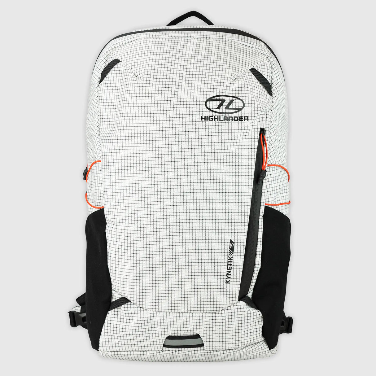 Highlander Kynetik Rucksack 15L in White - front view with zipped front pocket and orange bungee cords