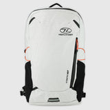 Highlander Kynetik Rucksack 15L in White - front view with zipped front pocket and orange bungee cords