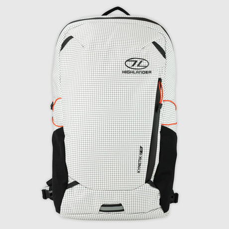 Highlander Kynetik Rucksack 15L in White - front view with zipped front pocket and orange bungee cords