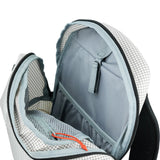 Highlander Kynetik Rucksack 15L in White - main compartment unzipped showing the grey lining, mesh pocket and internal sleeve