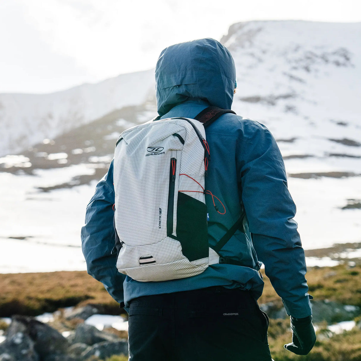 Highlander Kynetik Rucksack 15L in White - worn by a hiker on a snow-covered hillside