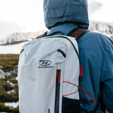 Highlander Kynetik Rucksack 15L in White - rear close-up worn on the hill showing the logo and zip pullers