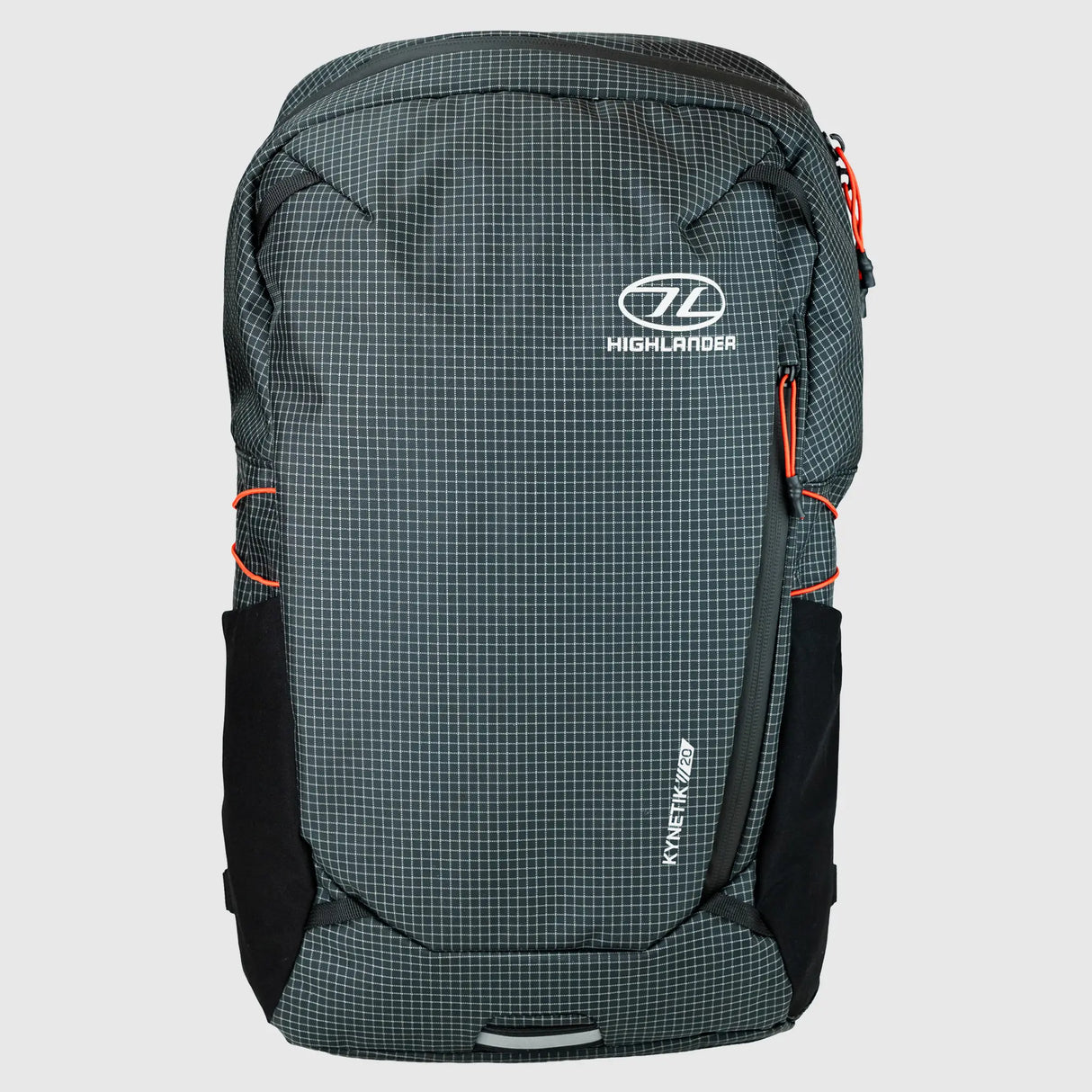 Highlander Kynetik Rucksack 20L in Black - front view with zipped front pocket and orange bungee cords