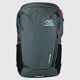 Highlander Kynetik Rucksack 20L in Black - front view with zipped front pocket and orange bungee cords