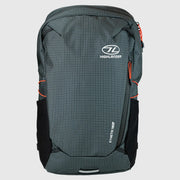 Highlander Kynetik Rucksack 20L in Black - front view with zipped front pocket and orange bungee cords